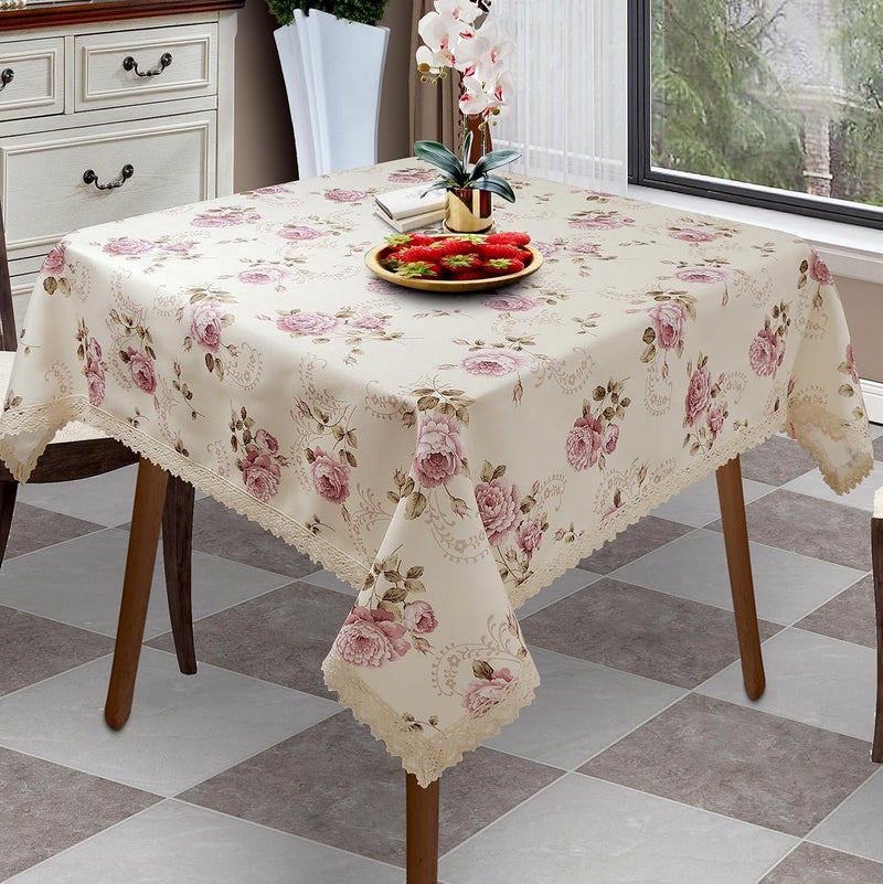 YEESSION Floral Print Polyester Square Tablecloth 38 x 38 Inch Stain Resistant and Waterproof Wine Tablecloth for Kitchen Dining Indoor Outdoor Buffet Tabletop Decoration (Beige) - Image 2