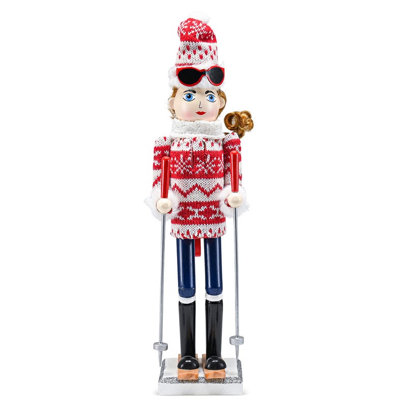 Ornativity Christmas Woman Skier Nutcracker Red and White Wooden Nutcracker Woman with Ugly Sweater and Ski Sticks in Skiing Pose Xmas Themed Holiday Nut Cracker Doll Figure Decorations 15