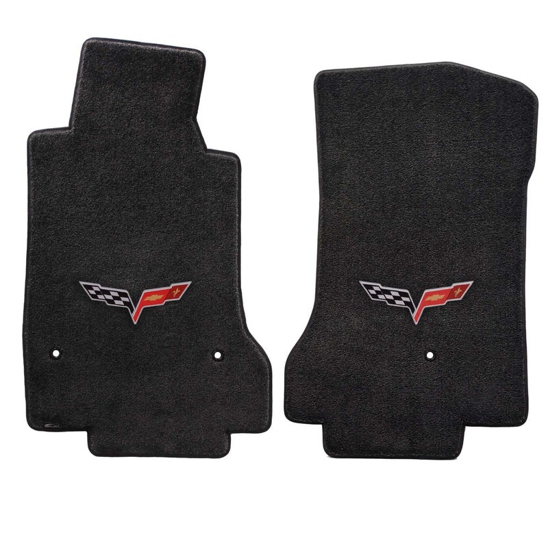 Lloyd Mats Fits 2007.5-2013 C6 Corvette Driver & Passenger Floor Mats Set; Black / Ebony Velourtex Fabric with Crossed Flags Logo Embroidery - Image 1