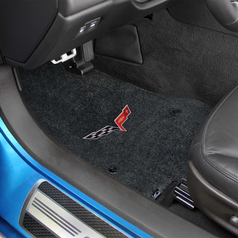 Lloyd Mats Fits 2007.5-2013 C6 Corvette Driver & Passenger Floor Mats Set; Black / Ebony Velourtex Fabric with Crossed Flags Logo Embroidery - Image 3