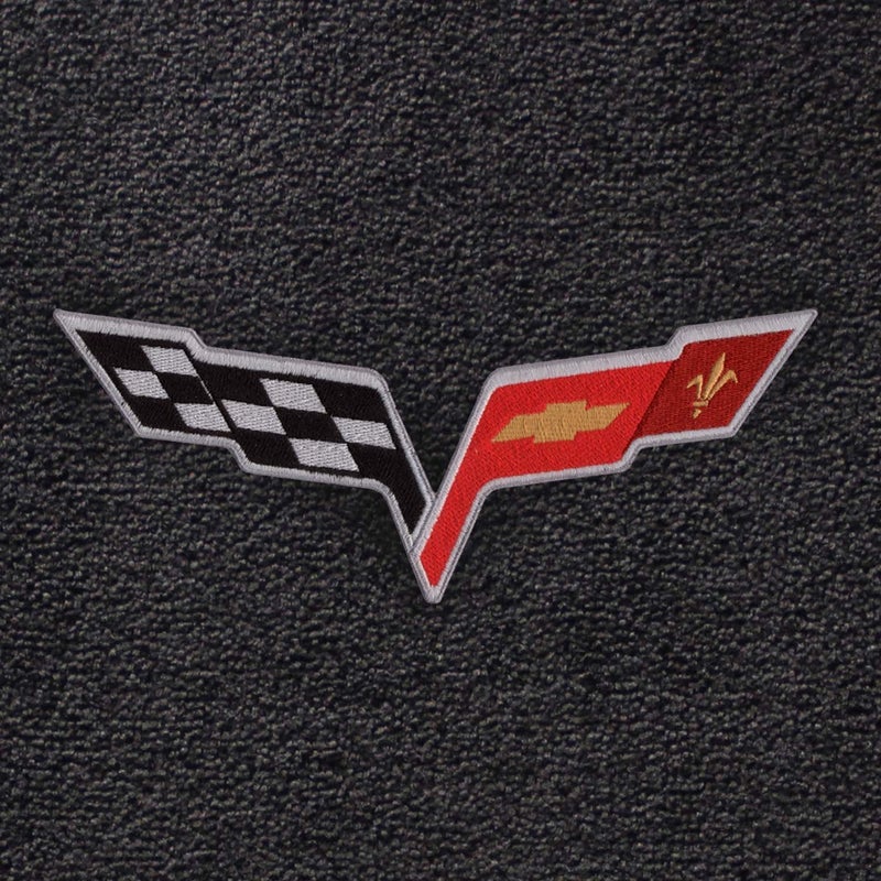 Lloyd Mats Fits 2007.5-2013 C6 Corvette Driver & Passenger Floor Mats Set; Black / Ebony Velourtex Fabric with Crossed Flags Logo Embroidery - Image 2