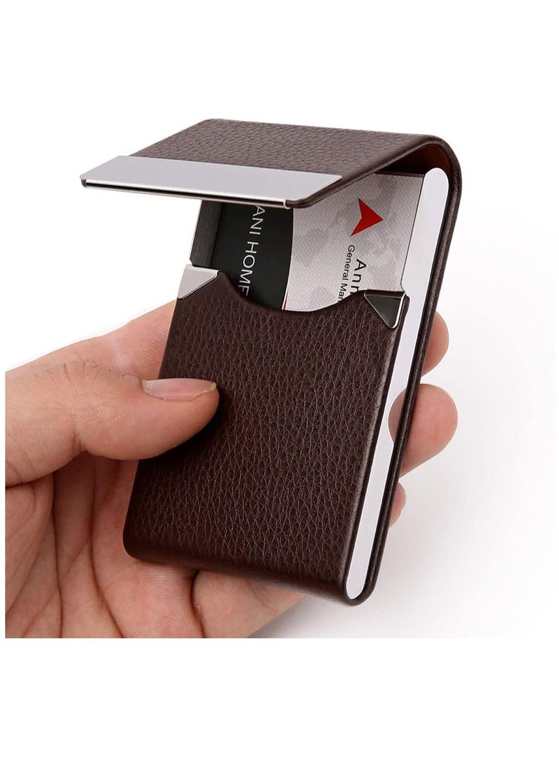 SYOSI Business Card Holder Case, Brown Fashion Professional PU Leather Business Card Carrier, Luxury Metal Name Card Holder with Magnetic Shut, Wallet Credit Card ID Case for Men & Women Best Gift  - Image 1