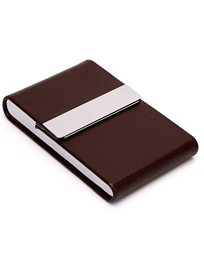 SYOSI Business Card Holder Case, Brown Fashion Professional PU Leather Business Card Carrier, Luxury Metal Name Card Holder with Magnetic Shut, Wallet Credit Card ID Case for Men & Women Best Gift  - Image 4