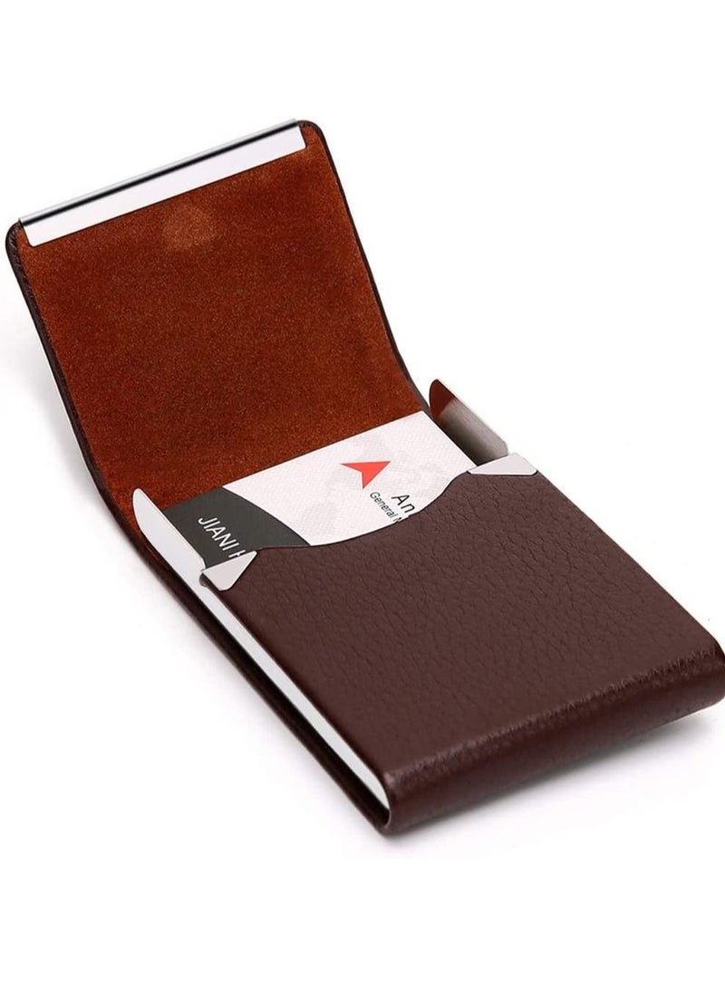 SYOSI Business Card Holder Case, Brown Fashion Professional PU Leather Business Card Carrier, Luxury Metal Name Card Holder with Magnetic Shut, Wallet Credit Card ID Case for Men & Women Best Gift  - Image 2