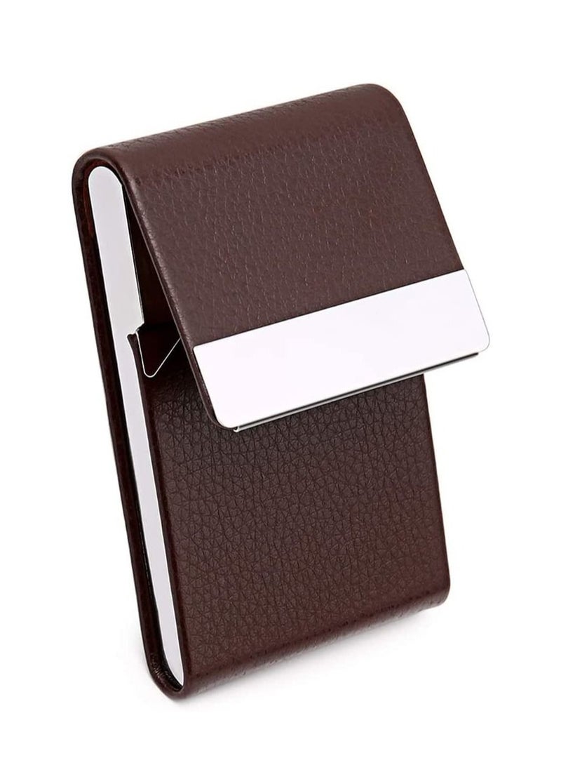 SYOSI Business Card Holder Case, Brown Fashion Professional PU Leather Business Card Carrier, Luxury Metal Name Card Holder with Magnetic Shut, Wallet Credit Card ID Case for Men & Women Best Gift  - Image 5