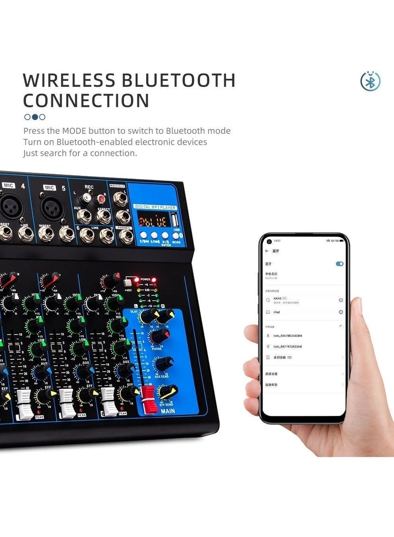 7-Channel Professional Audio Mixer with 48V Phantom Power, Bluetooth Control, and U-Disk Playback - Compact Mixing Console for Recording, DJ, Podcasting, and Live Streaming - Image 2