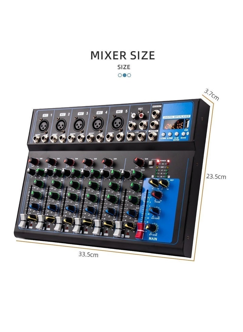 7-Channel Professional Audio Mixer with 48V Phantom Power, Bluetooth Control, and U-Disk Playback - Compact Mixing Console for Recording, DJ, Podcasting, and Live Streaming - Image 1