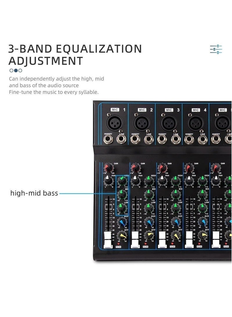 7-Channel Professional Audio Mixer with 48V Phantom Power, Bluetooth Control, and U-Disk Playback - Compact Mixing Console for Recording, DJ, Podcasting, and Live Streaming - Image 4