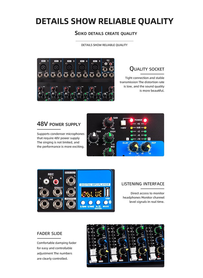 Generic - 7-channel professional mixer portable mixing console computer input 48v power supply F7 Record PC Audio mixer - Image 1
