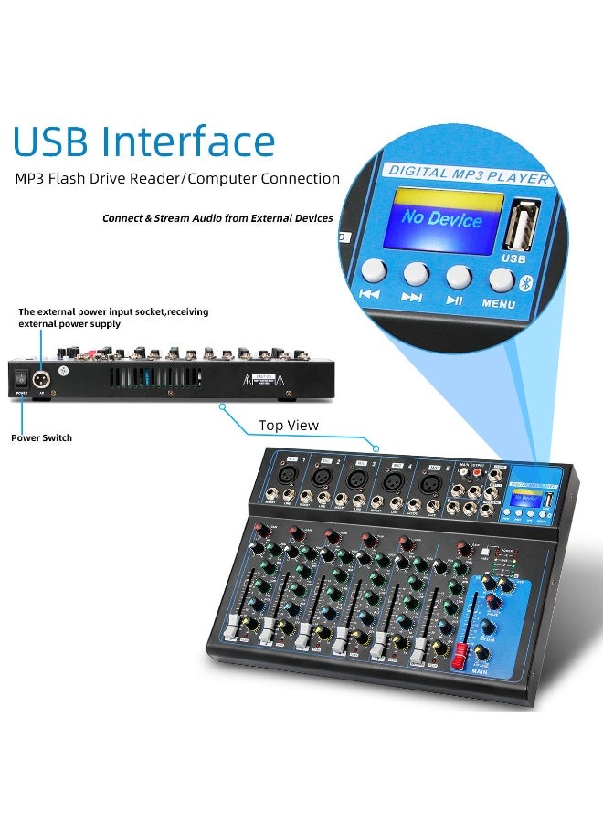 ميكسر صوت احترافي، كرت صوت للبث المباشر 7 قنوات مع واجهة صوت USB، طاقة وهمية 48V، مدخل ميكروفون XLR، تحكم بلوتوث، تشغيل USB ومؤثرات DJ، مناسب للبث المباشر والبودكاست والألعاب والتسجيل وYouTube والكمبيوتر - Image 2