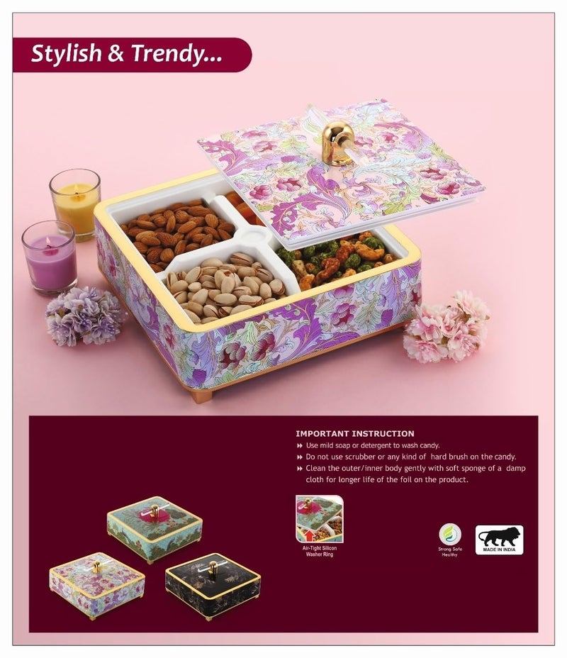 Magic Providers MultiPurpose Airtight Dryfruit Container Set With Serving Tray with Lid Air Tight Plastic Storage Box I Gifting Set I Dry Fruit Container Set Serving Set with 4 Section Pink - Image 2