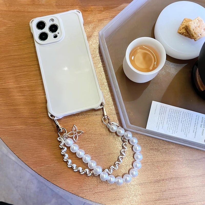 PANDACAMEL Compatible with iPhone 17 Case, White Phone Wrist Strap with White Case, Cellphone Leather Chain with Pearl Strap, Durable, Thick, Charm Wrist Lanyard for Women, Teens, Girls - Image 1
