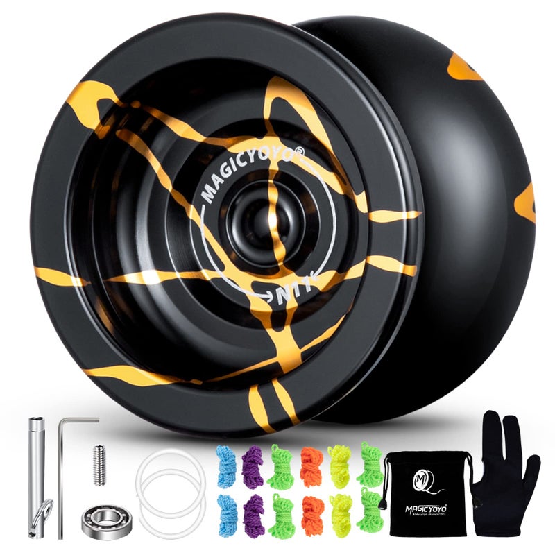 MAGICYOYO N11 Professional Unresponsive Yoyo N11 Dual Purpose Alloy Trick YoYo Ball (Black with Golden) with Bag, Glove, 12 Yoyo Strings and Responsive Bearing Kit - Image 1