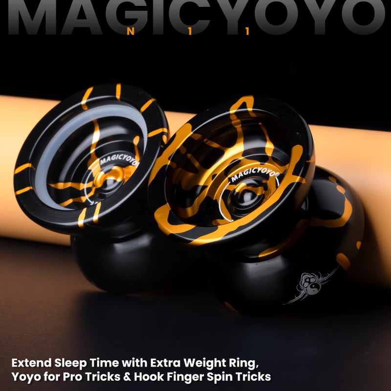 MAGICYOYO N11 Professional Unresponsive Yoyo N11 Dual Purpose Alloy Trick YoYo Ball (Black with Golden) with Bag, Glove, 12 Yoyo Strings and Responsive Bearing Kit - Image 2