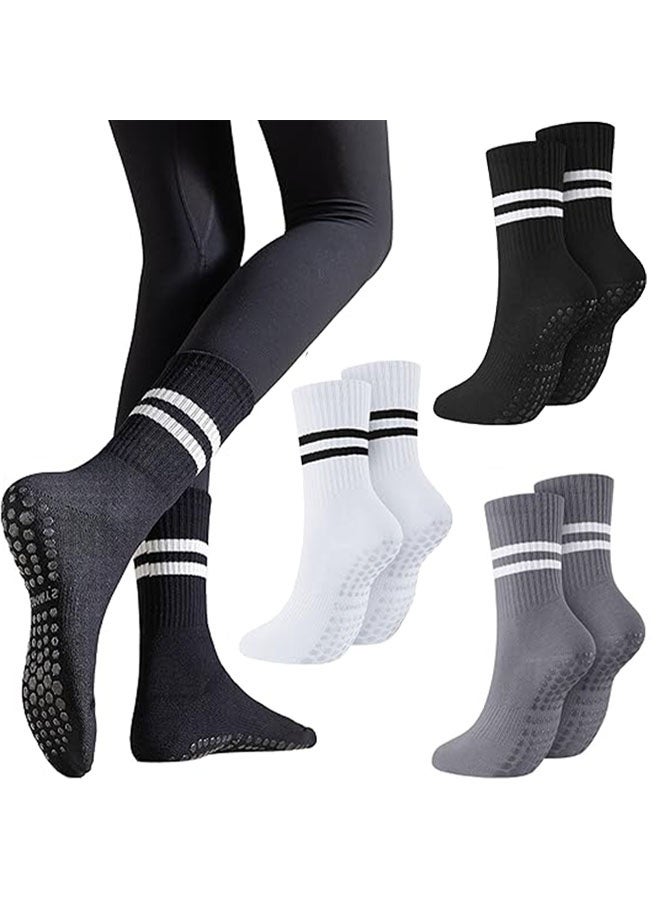Non Slip Socks Women Fashion All Season Socks Sports Casual Simple Striped Colors for Pilates Yoga Barre Ballet Dance Fitness Football Hospital Mid-Tube Socks Free Size 3-Pair - Image 1