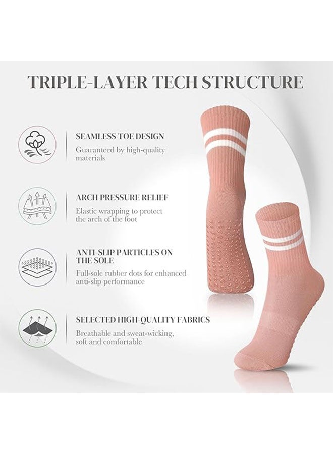Non Slip Socks Women Fashion All Season Socks Sports Casual Simple Striped Colors for Pilates Yoga Barre Ballet Dance Fitness Football Hospital Mid-Tube Socks Free Size 3-Pair - Image 4