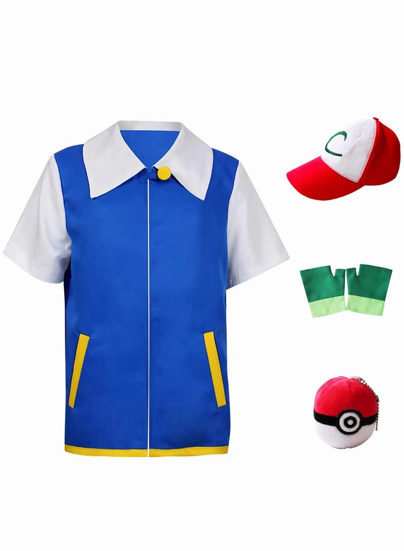 4 Piece Set Pokemon Ash Ketchum Costume Kid Monster Trainer Cosplay Jacket Hat Gloves Coat with Hats. Gloves And Plush Pokemon Balls - Image 1