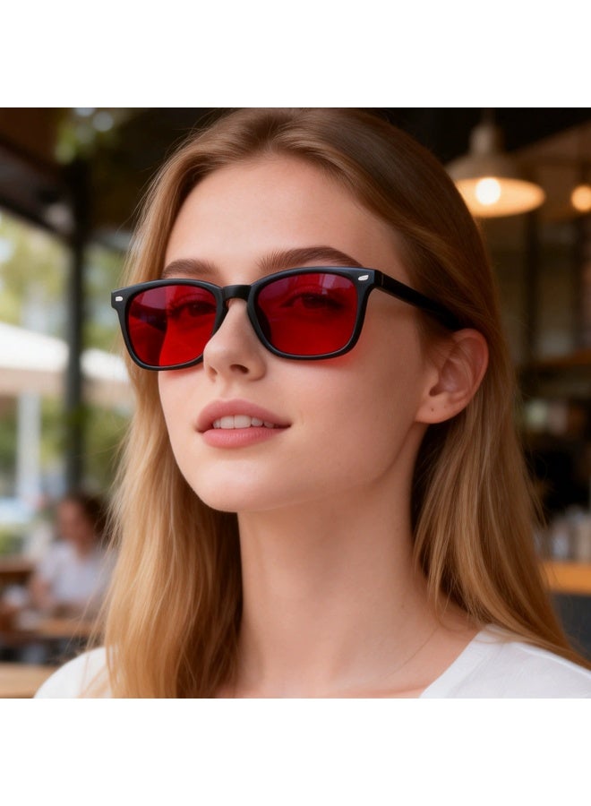 Red Lens Square Sunglasses for Women, Retro Vintage Black Frame, UV400 Protection Fashion Shades - Image 3