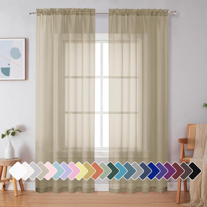 SimpleBrand Taupe Sheer Curtains 90 Inches Long 2 Panels, Light Filtering Rod Pocket Solid Color Window Sheer Curtain Panels, Elegant Curtains & Drapes for Living Room, Bedroom, 42" W x 90" L - Image 1