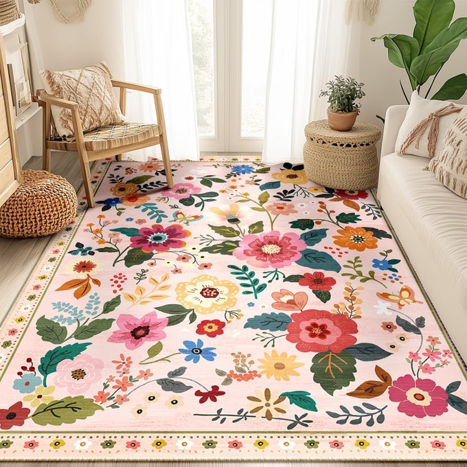 FLORAL 5X7 AREA RUG MACHINE WASHABLE SOFT PRINT BOHO CARPET NON SLIP DOORMAT LOW PILE FLOWER AREA RUGS FOR LIVING ROOM BEDROOM NURSERY KITCHEN DINING ROOM INDOORPINK