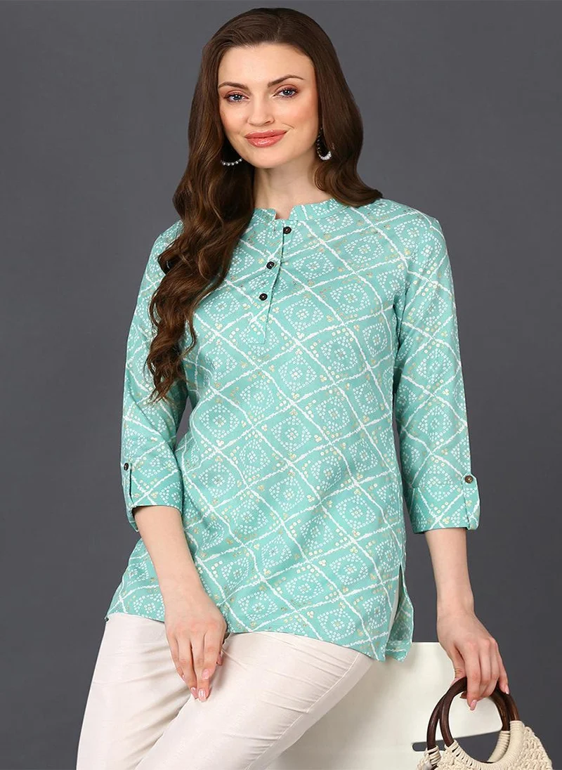 زيري سوق Blue Cotton Blend Geometric Bandhani Printed Tunic Top