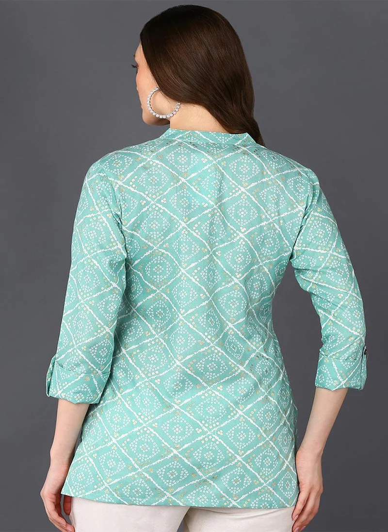 زيري سوق Blue Cotton Blend Geometric Bandhani Printed Tunic Top