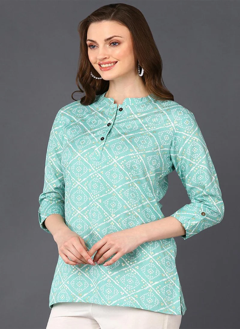 زيري سوق Blue Cotton Blend Geometric Bandhani Printed Tunic Top