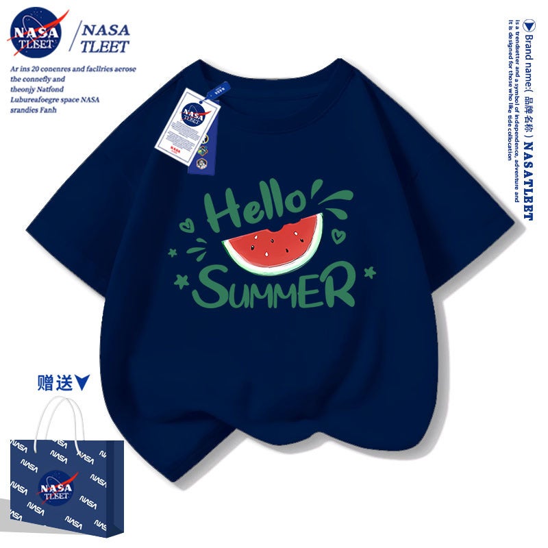 Nasa Co-Branded Summer Short-Sleeved Cotton T-Shirts For Boys And Girls, Children, And Students, Family Matching Outfits With Watermelon Print - Image 3