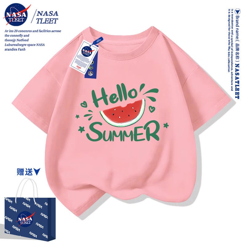 Nasa Co-Branded Summer Short-Sleeved Cotton T-Shirts For Boys And Girls, Children, And Students, Family Matching Outfits With Watermelon Print - Image 4