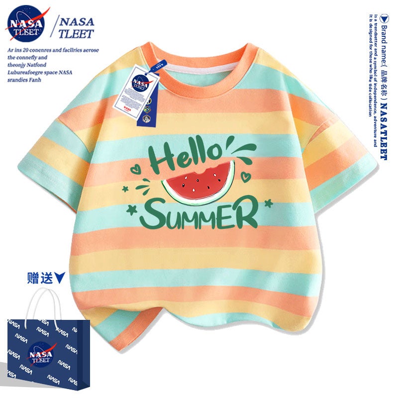 Nasa Co-Branded Summer Short-Sleeved Cotton T-Shirts For Boys And Girls, Children, And Students, Family Matching Outfits With Watermelon Print - Image 5