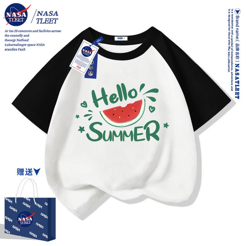 Nasa Co-Branded Summer Short-Sleeved Cotton T-Shirts For Boys And Girls, Children, And Students, Family Matching Outfits With Watermelon Print - Image 2