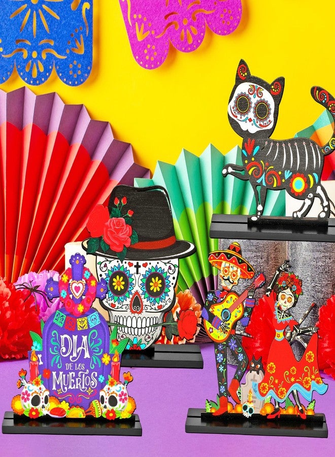 هواف مجموعة زينة طاولة يوم الموتى من هاوف، 4 قطع، قطعة مركزية خشبية مكسيكية لمذبح يوم الموتى، تتضمن جمجمة سكرية، شبح راقص، هيكل عظمي لزوجين، هيكل عظمي لقطة، لتزيين مذبح يوم الموتى - Image 4