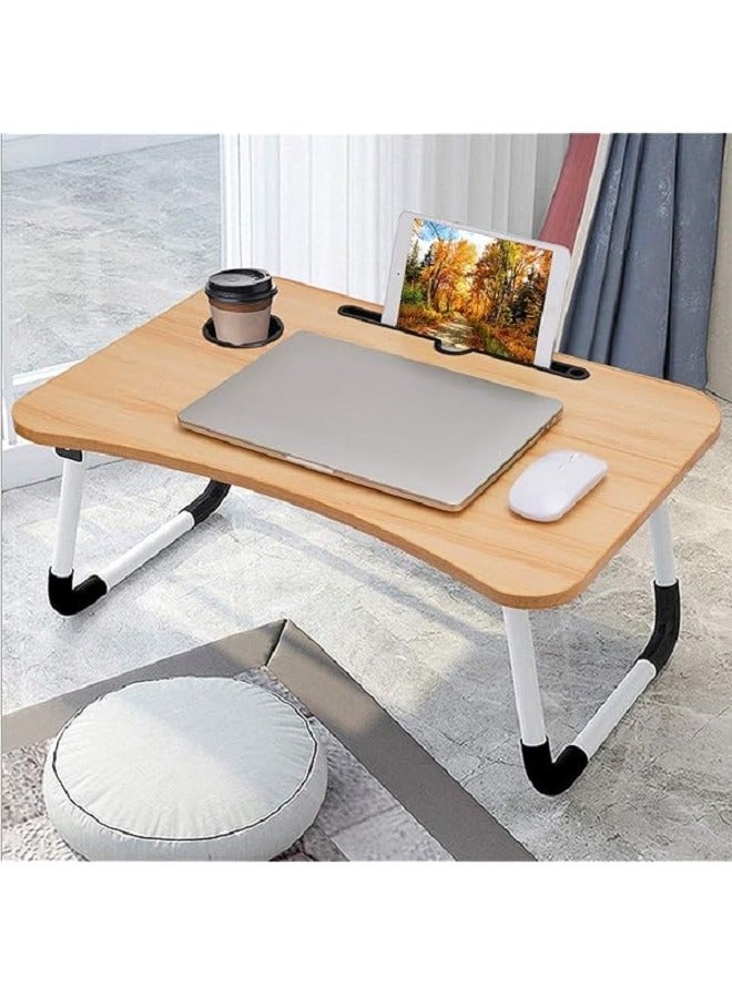 ترابيزة لاب توب محمولة بارجل قابلة للطي وفتحة لحمل التابلت والنوت بوك وفتحة للكوباية، متعددة الاستخدامات، مناسبة للقراءة والاكل - لون خشبي فاتح - Image 2