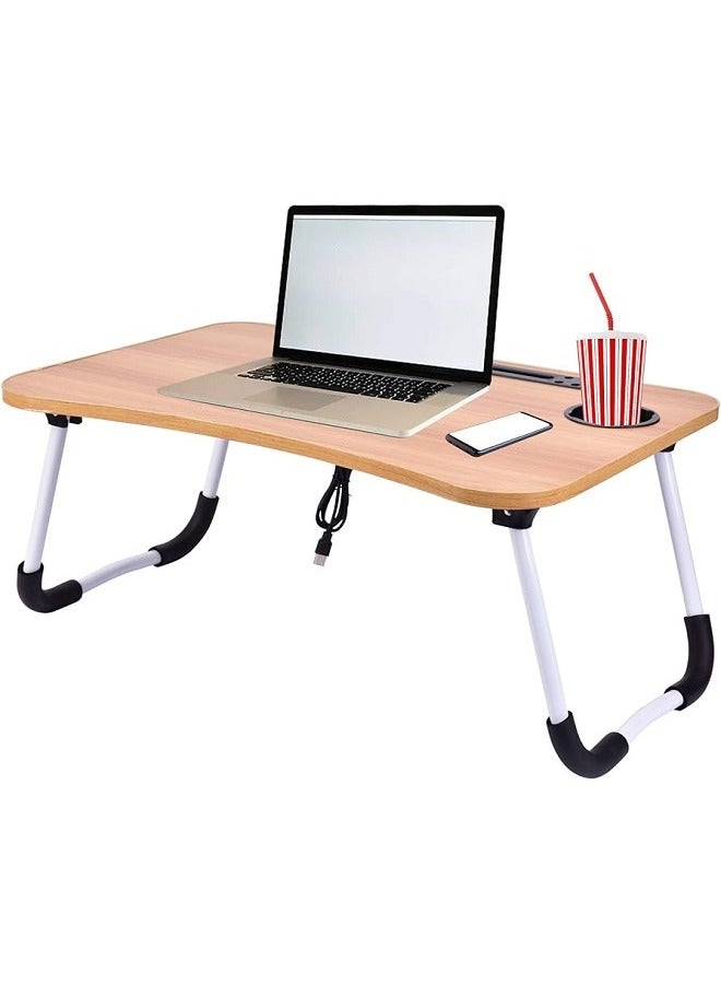 ترابيزة لاب توب محمولة بارجل قابلة للطي وفتحة لحمل التابلت والنوت بوك وفتحة للكوباية، متعددة الاستخدامات، مناسبة للقراءة والاكل - لون خشبي فاتح - Image 3