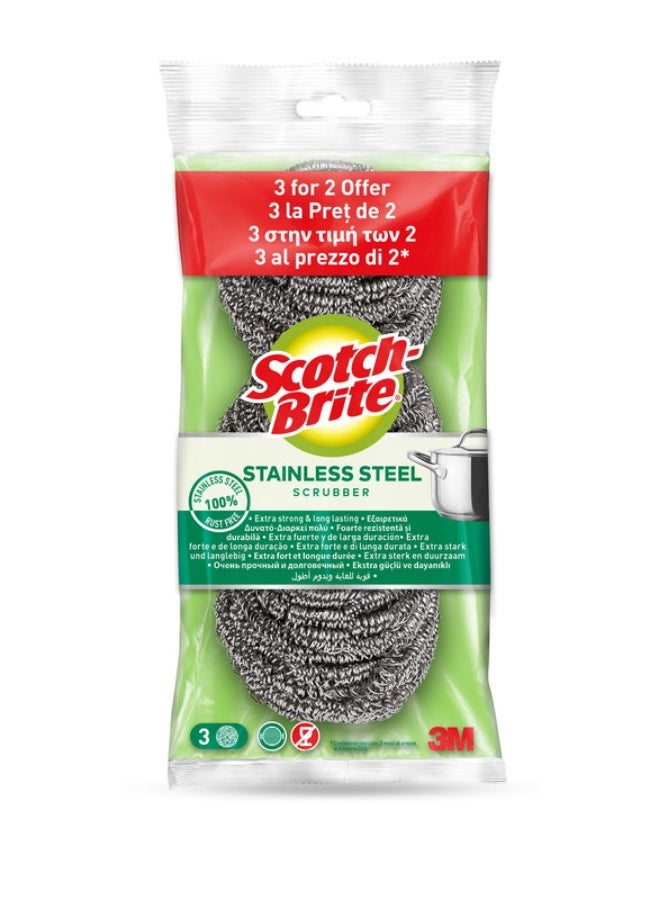 Scotch Brite فرك حلزوني معدني من الفولاذ المقاوم للصدأ، وسادة فرك، مثالية لمقالي الحديد الزهر، فرك قوي للبقع العنيدة. 2+1 مجاني. 3 وحدات/عبوة
