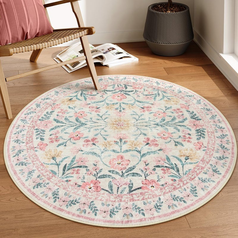 Lahome Boho Light Pink Round Rug 4ft Washable Small Circle Rugs for Bedroom Pink and Green Nursery Circular Carpet Girl Soft NonSlip Round Carpet for Kids Sunroom Blush