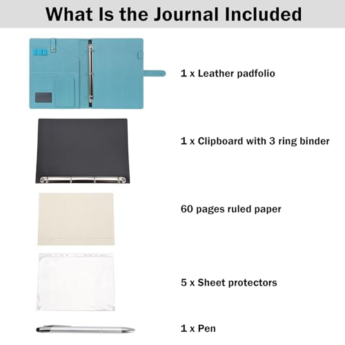 Wonderpool A4 PU Leather Portfolio Holder Ring File Document Case with Removable Binder Clipboard, Multi Pocket and Legal Pad for Business Organizer Interview and Meeting (Light Blue) - Image 3