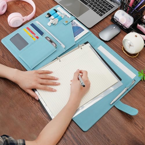 Wonderpool A4 PU Leather Portfolio Holder Ring File Document Case with Removable Binder Clipboard, Multi Pocket and Legal Pad for Business Organizer Interview and Meeting (Light Blue) - Image 2