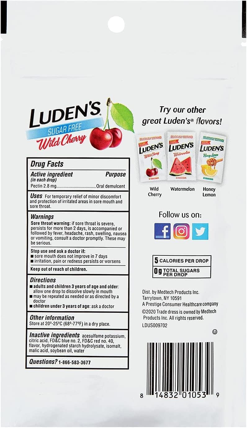LUDEN'S Ludens Sugar Free Wild Cherry Throat Drops Sore Throat Relief 25 Count 4 Pack - Image 5
