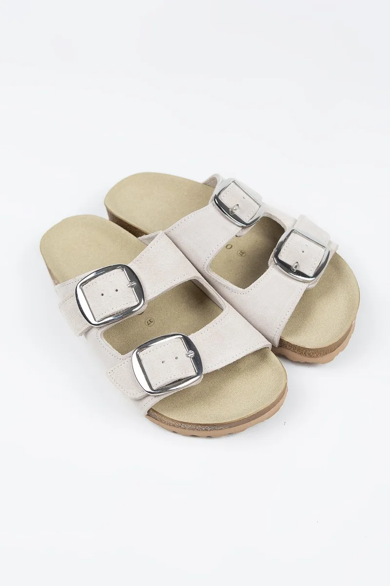Manijero Manijero Irene Genuine Leather Double Buckle Silver Buckle Beige Slippers