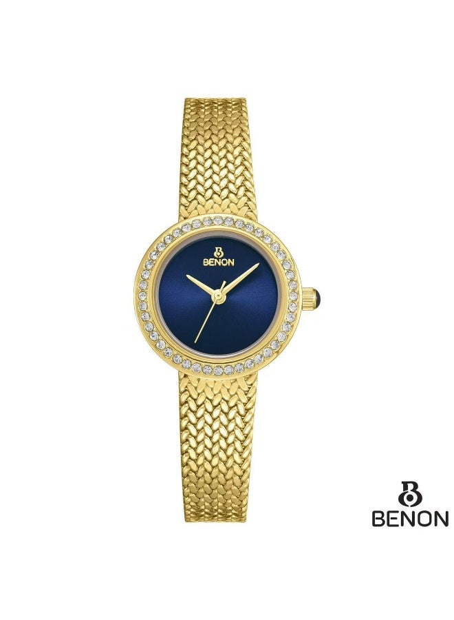 بينون ساعة نسائية ماركة بينون (Benon) باللون الذهبي تتميز بسوار شبكي وإطار مرصع بفصوص لامعة وميناء باللون الأزرق الداكن. - Image 1