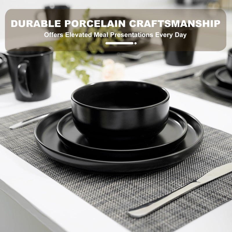 EWFEN 16-Piece Ceramic Dinnerware Sets with Mugs for 4, Black Plates and Bowls Set with Classic Design, Scratch Resistant Dishes Set, Dishwasher & Microwave Safe - Image 2