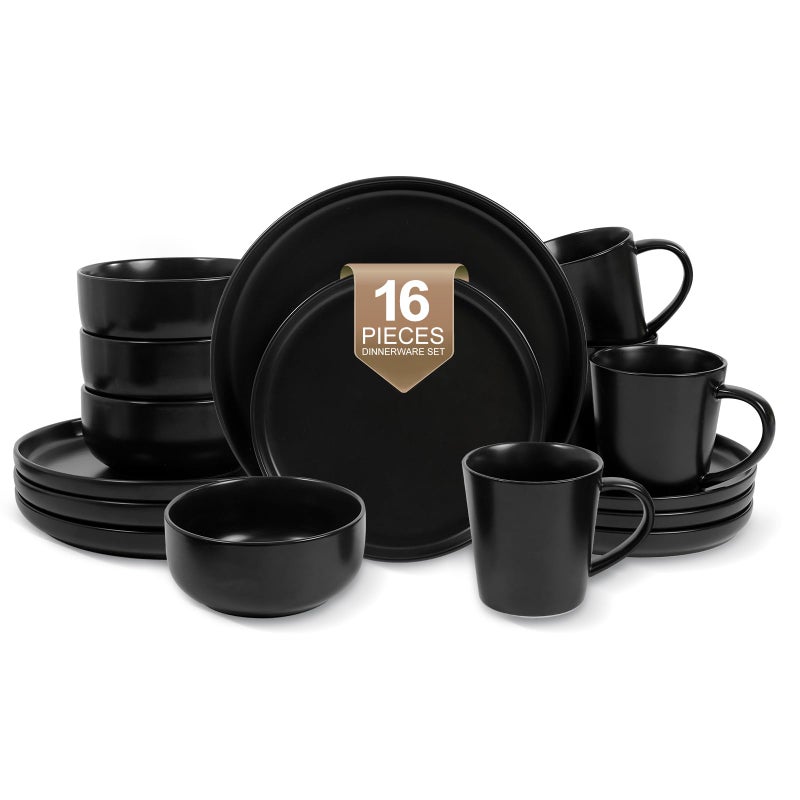 EWFEN 16-Piece Ceramic Dinnerware Sets with Mugs for 4, Black Plates and Bowls Set with Classic Design, Scratch Resistant Dishes Set, Dishwasher & Microwave Safe - Image 1