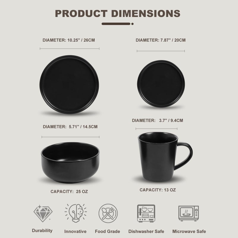 EWFEN 16-Piece Ceramic Dinnerware Sets with Mugs for 4, Black Plates and Bowls Set with Classic Design, Scratch Resistant Dishes Set, Dishwasher & Microwave Safe - Image 3