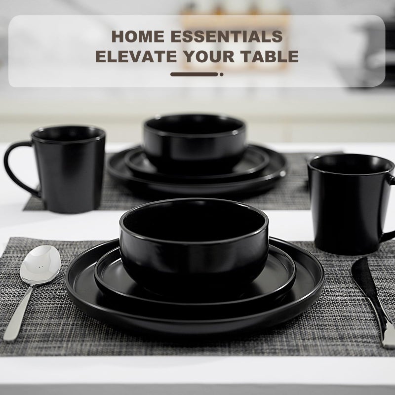 EWFEN 16-Piece Ceramic Dinnerware Sets with Mugs for 4, Black Plates and Bowls Set with Classic Design, Scratch Resistant Dishes Set, Dishwasher & Microwave Safe - Image 5