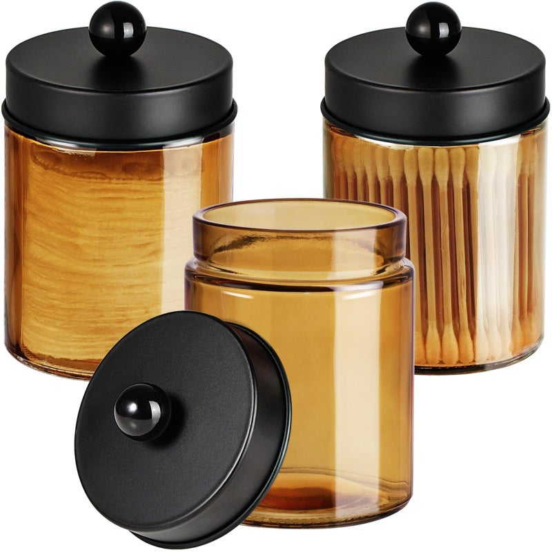 Komashr 3 Pack Apothecary Jar Canisters Bathroom Vanity Organizer Qtip Holder Storage Organizer Set Countertop Canister with Stainless Steel Lids Cute Stickers for QtipsCotton SwabsMakeup SpongesFloss - Image 2