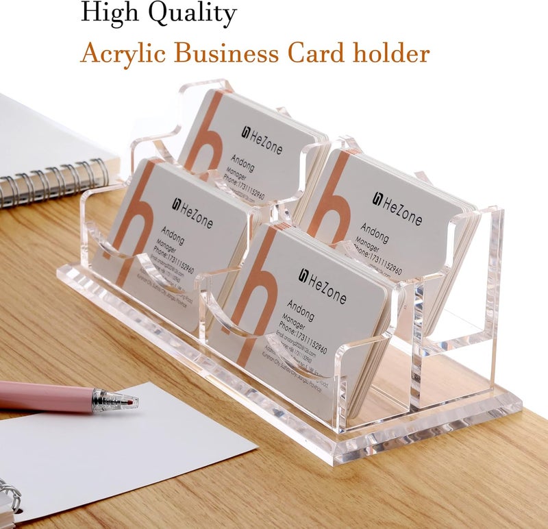 HeZone Business Card Holder Display for Desk, Cards Organizer Case for Women and Men 4 Slot 2 Tier, Clear Acrylic Business Card Stand Rack with 1 Pack (4 Grid-H) - Image 2