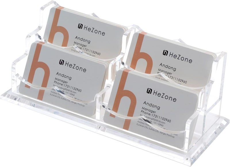 HeZone Business Card Holder Display for Desk, Cards Organizer Case for Women and Men 4 Slot 2 Tier, Clear Acrylic Business Card Stand Rack with 1 Pack (4 Grid-H) - Image 1