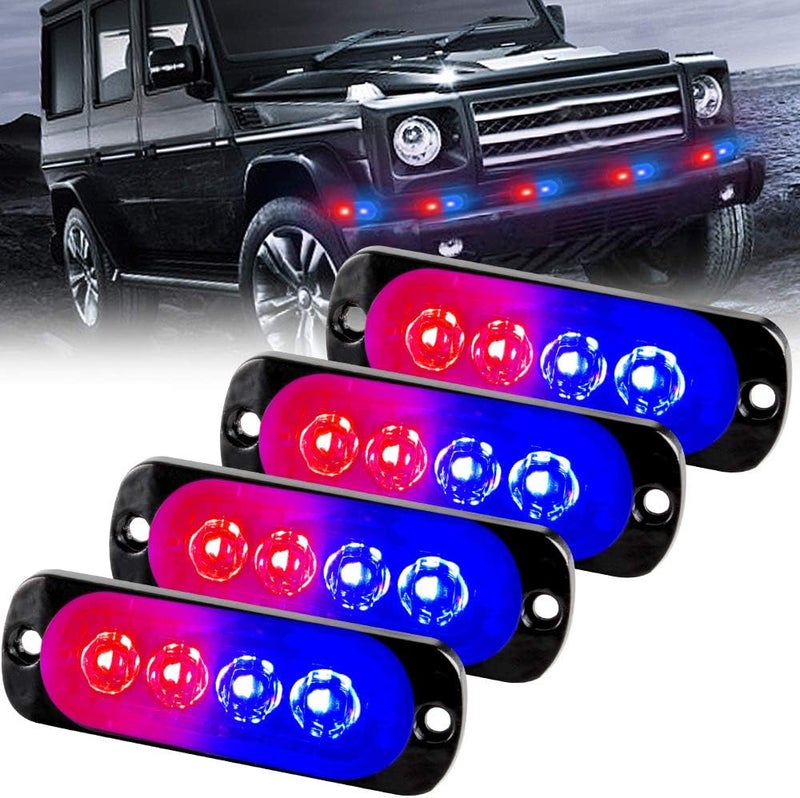 Sidaqi 4-LED Red&Blue Police Light,Surface Flash Mount Grille Emergency Strobe Lights Ultra Slim Warning Hazard Beacon Caution Flashing Light for Vehicles Van Waterproof 12-24V-4PCS - Image 1