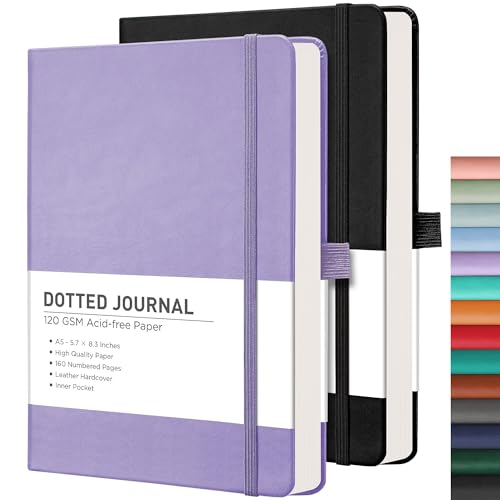 RETTACY Bullet Dotted Journal Notebook, 2-Pack, 160 Numbered Pages per Pack, A5 Medium Size (5.7'' x 8.3''), 120 GSM Thick Paper, Leather Hardcover, for Bullet Journaling (Black & Purple) - Image 1